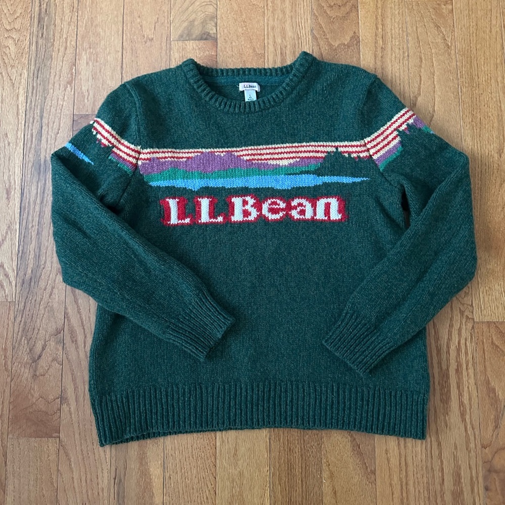 L.L. Bean Classic Ragg Wool Sweater Forest Green Logo Knit Sweater